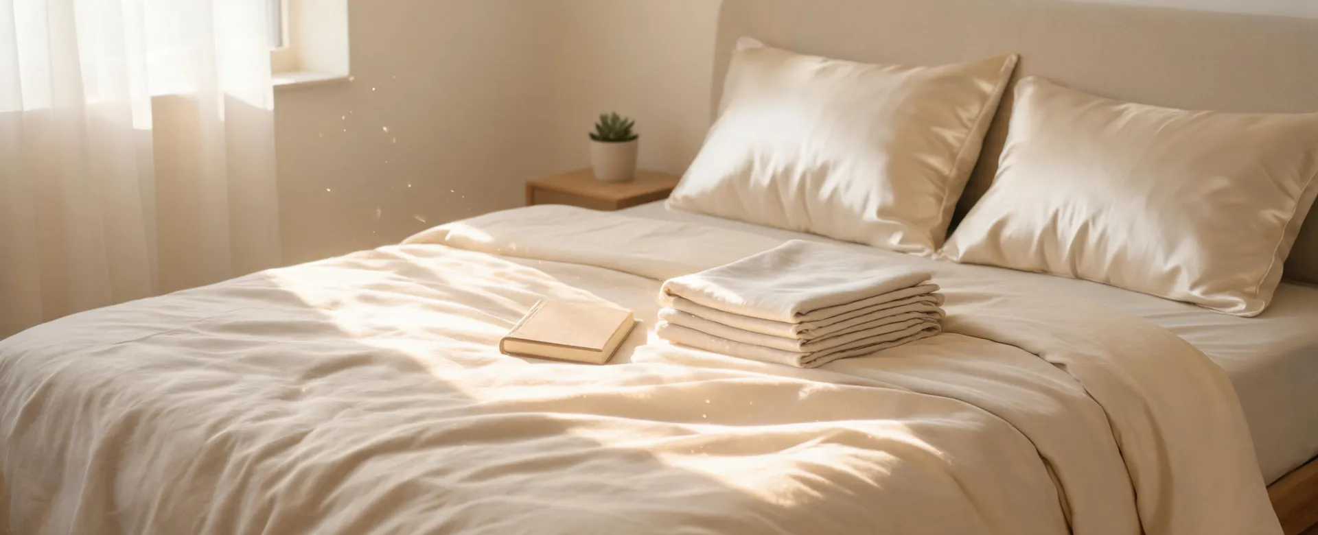 Morning bedroom with silk pillowcases and a care notebook