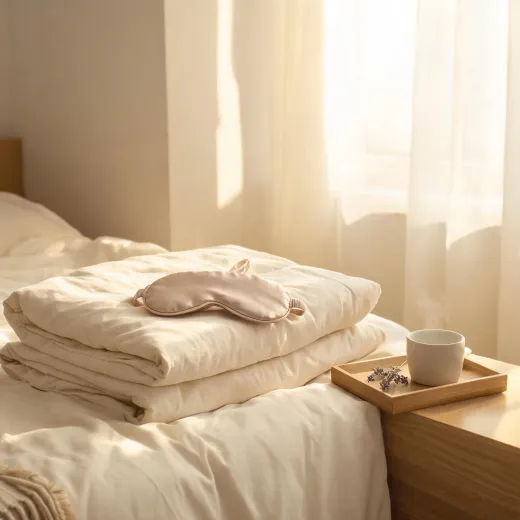 Silk sleep mask on folded bedding