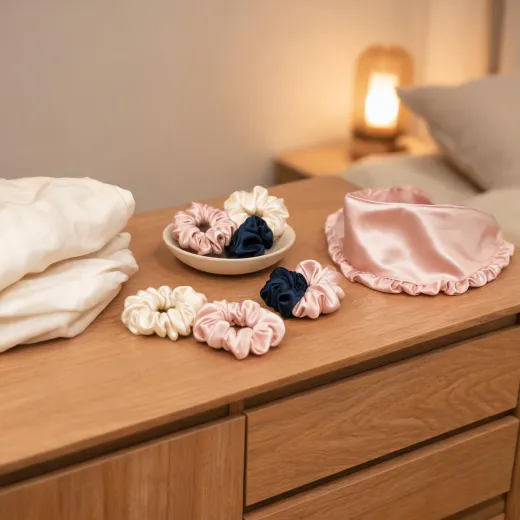 Silk scrunchies and bonnet in a dresser vignette