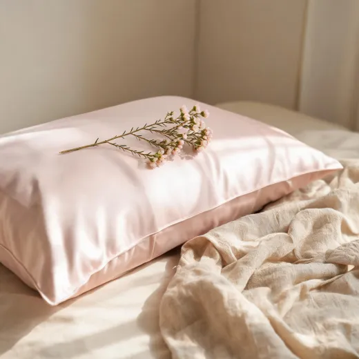 Blush silk pillowcase styled with flowers