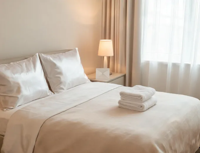 Neutral guest bedroom with silk pillowcases