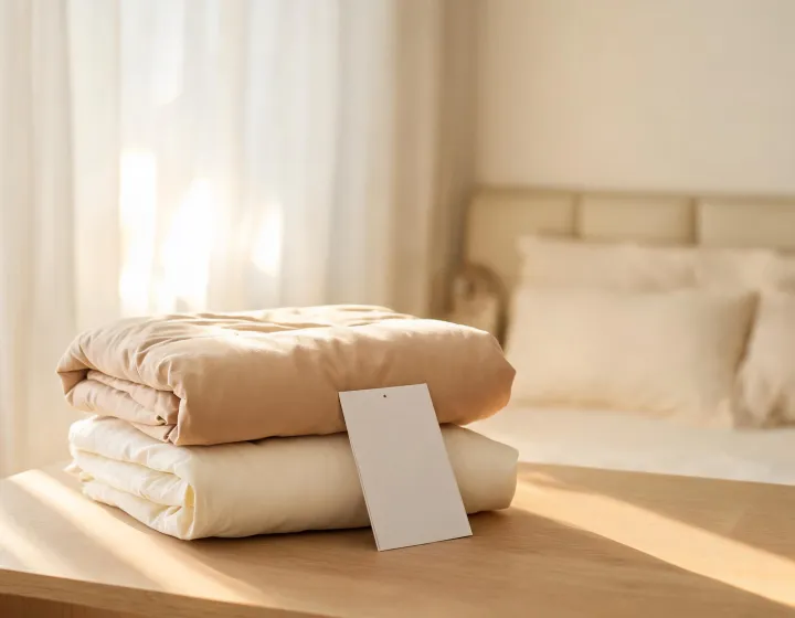 Silk pillowcase care card beside folded bedding